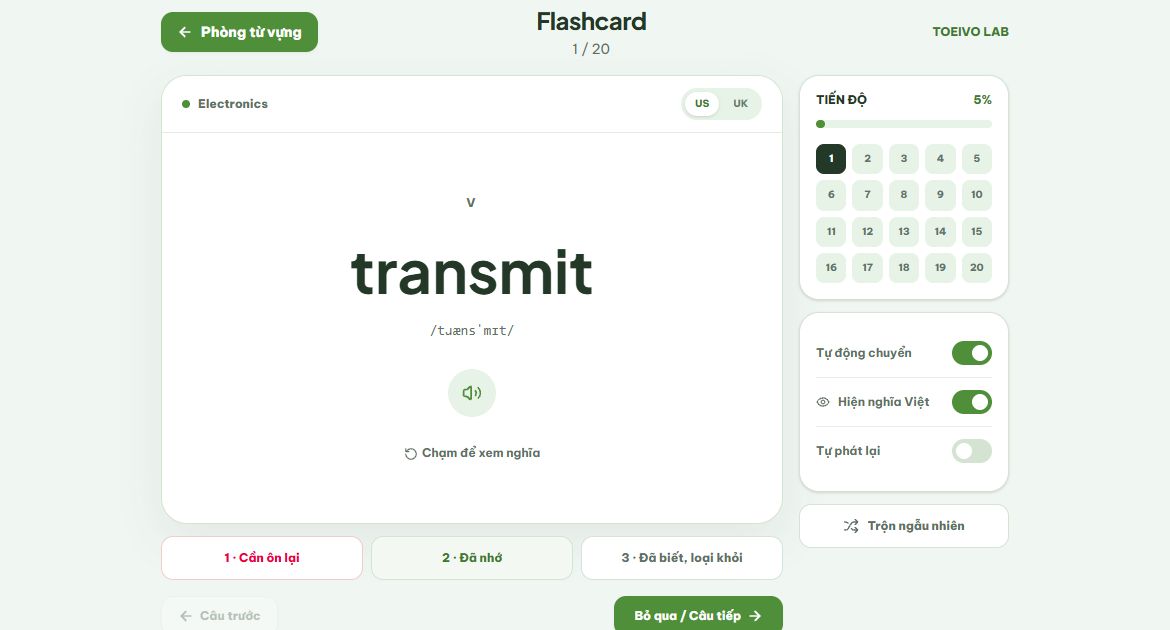 Flashcard Toeivo với phát âm Anh Mỹ, lật thẻ và tự đánh giá mức nhớ