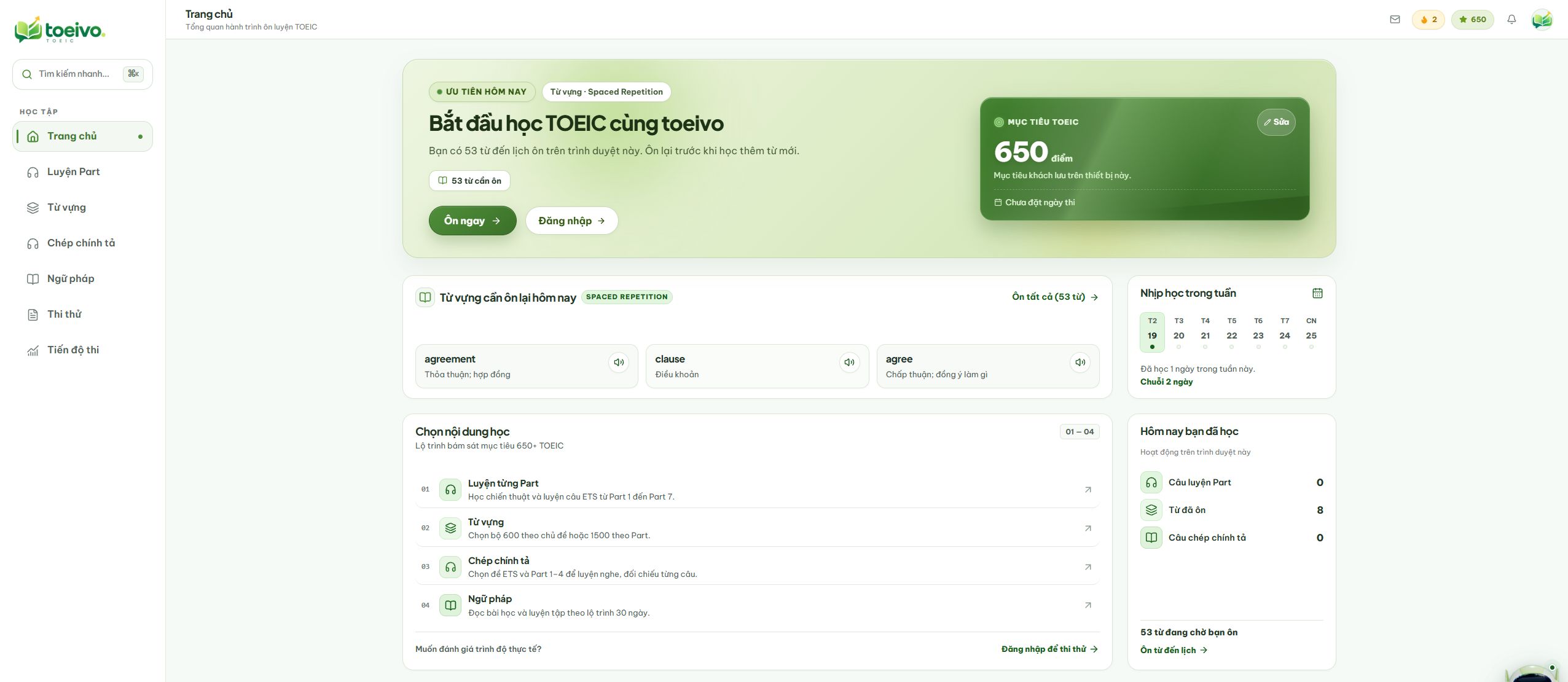 Giao diện học tập toeivo: mục tiêu TOEIC, từ vựng và hoạt động trong tuần